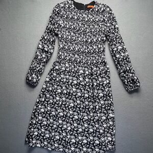Maple & Cliff Women Smocked Midi Dress Black White Floral Long Sleeve S Boho